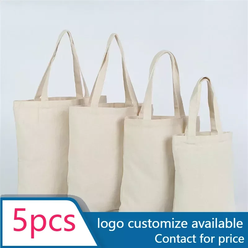 5 pcs Large Capacity Canvas Shopping Bags Folding Eco-Friendly Cotton Tote Bags DIY Shoulder Bag Grocery Handbag black White