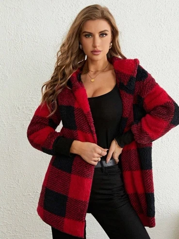 Winter Coats Woman 2024 Vintage Loose Plaid Woolen Cardigan Jacket Hooded Sweatshirt Casual Medium To Long Plush Cardigan Jacket