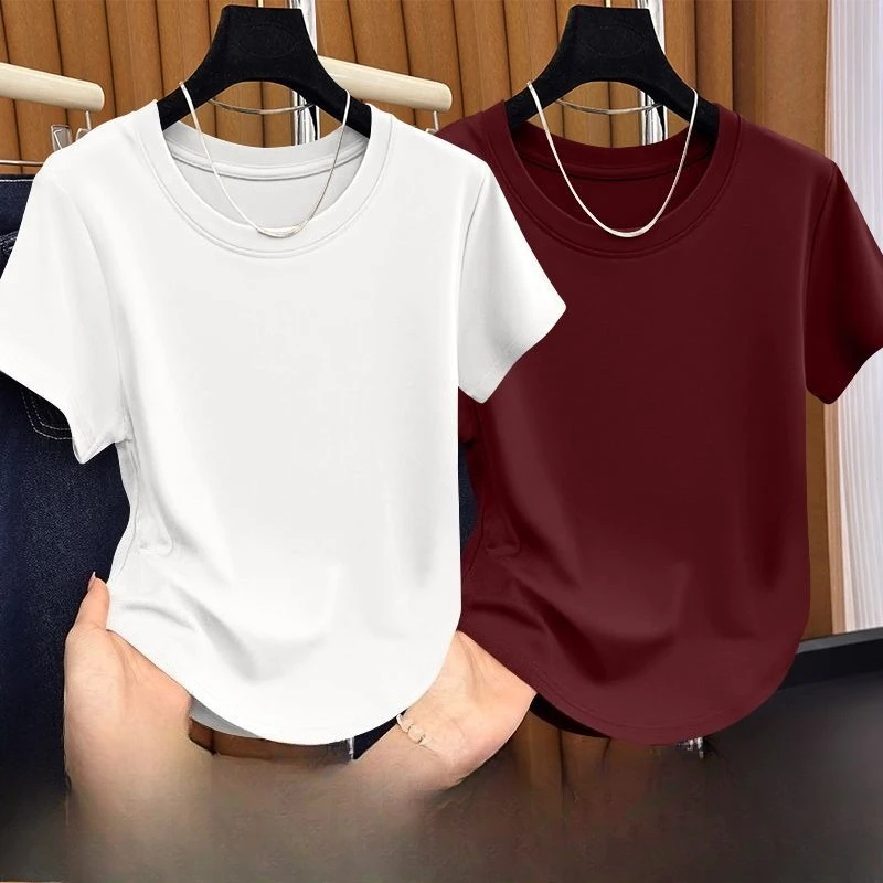 New Summer Breathable and Comfortable Women's Short Sleeved T-shirt Slim Fit Retro Temperament Solid Color Thread Top Gothic