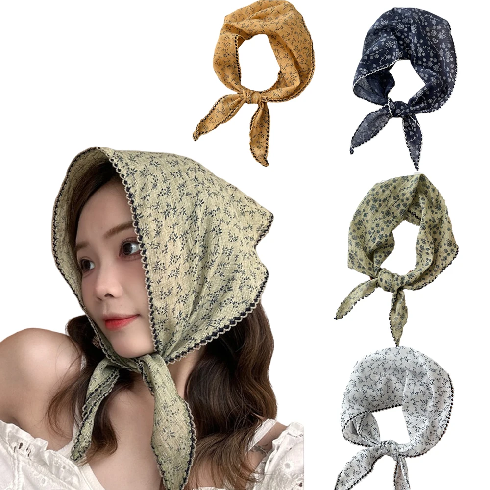 Flower Print Cotton Line Floral Lace Triangle Scarves Small Vintage Skinny Scarf F Women Girls Headband Accessories Handkerchief