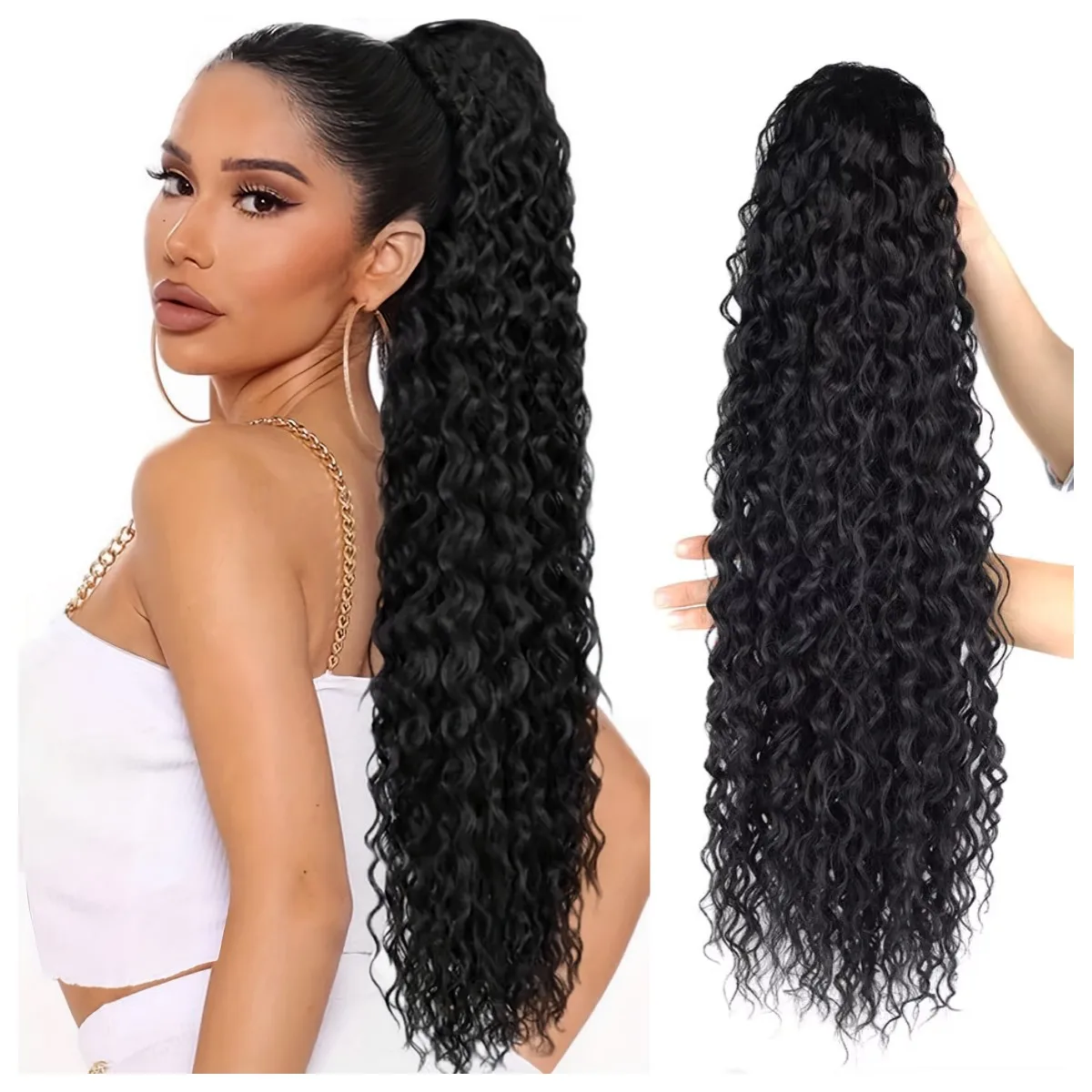 

Curly Ponytail Hair Extensions Synthetic Water Wave Soft Long Drawstring Ponytail With 2Clips In Thick Ponytail Hair For Women