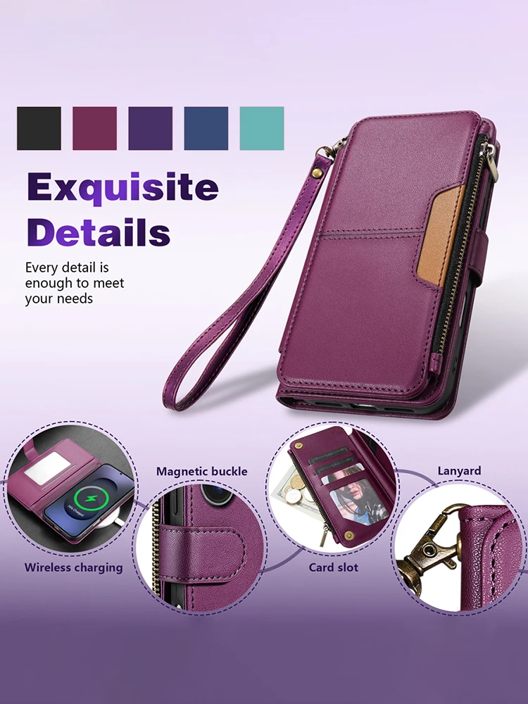 Étui en cuir à rabat magnétique avec fermeture éclair, support et emplacements multiples pour cartes pour Samsung Galaxy S26 Ultra S25 FE S24 Plus S23 S22 S21 S20