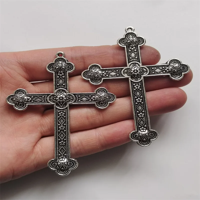 3pcs Silver Color Black 80x54mm Flower Cross Charms Jesus Faith Pendant Jewelry Making DIY Handmade Craft Accessories Wholesale