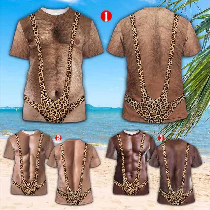 Unisex Funny 3D Optical Illusion T‑Shirt, Fake Leopard Mankini Print Novelty Humor Short Sleeve Beach Prank Tops for Men Women