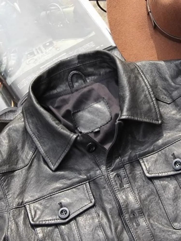 Punk Mens Genuine Leather Jacket Vintage Single Breasted Slim Fit Spring Motorcycle Coat Long Sleeve Cargo Work Male Outerwear