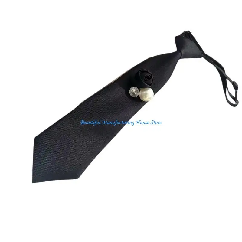 E56A Stylish Black Pre Tied Necktie with 3D Floral Rhinestones and Pearls Embellished