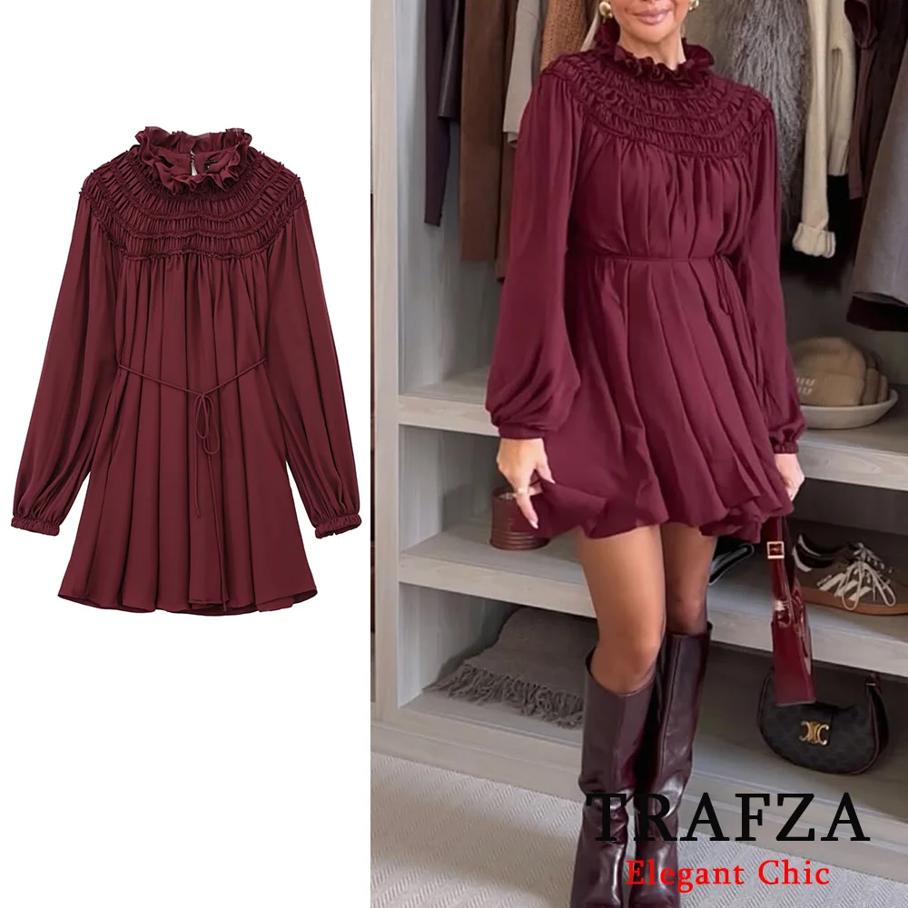

TRAFZA-Women Romantic Burgundy Dress Ruffled Collar Loose A-line Dress New 2025 Fashion Spring Fall Glamorous Dinner Date Dress
