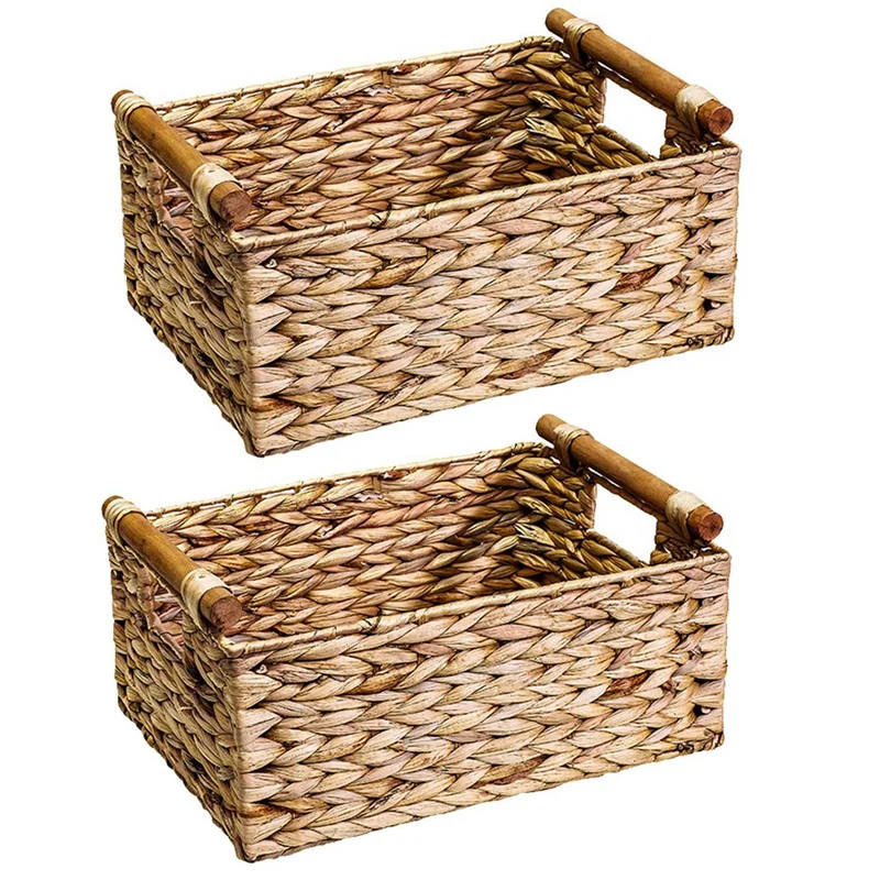 2X Wicker Basket Rectangular With Wooden Handles For Shelves,Water Hyacinth Basket Storage,Natural Baskets B