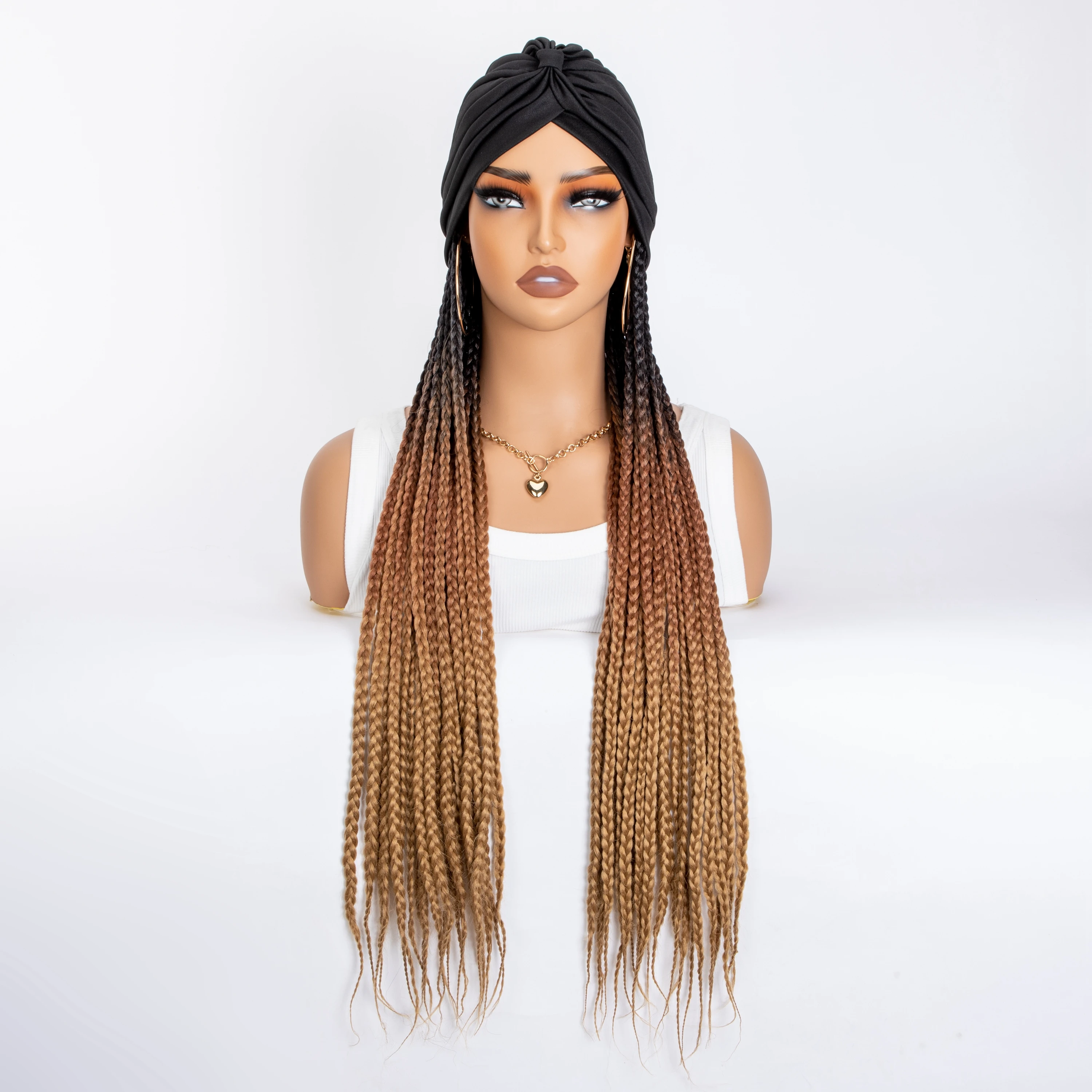 WIGERA Long 24‘ Ombre Black Dark Brown Honey Brown Braided Synthetic Wig With Headband Turban Braiding Hair Extensions For Women