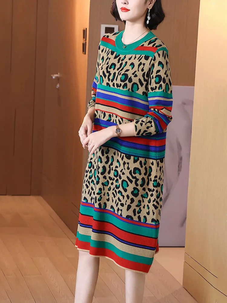 فستان المرأة ليوبارد متماسكة طويلة الأكمام سترة ، فساتين س الرقبة ، الملابس كبيرة الحجم ، ضئيلة ، مكتب ، أعلى جودة ، والأزياء ، والخريف ، والشتاء