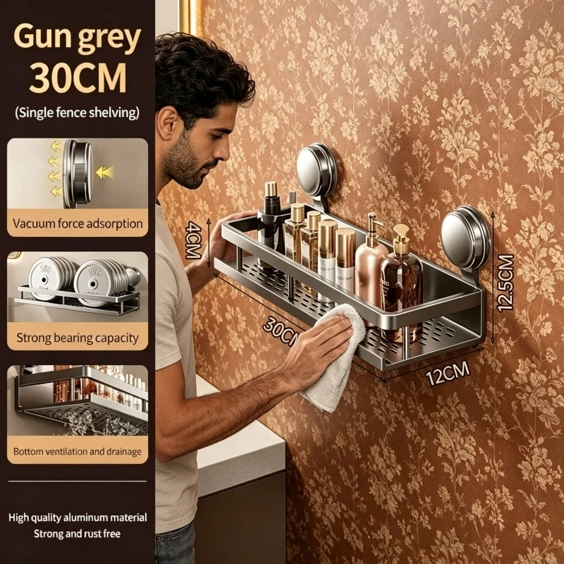 

Wall Mounted Suction Cup Bathroom Storage Rack No Drilling Toilet Washbasin Organizer Shelf for Home Bathroom Use