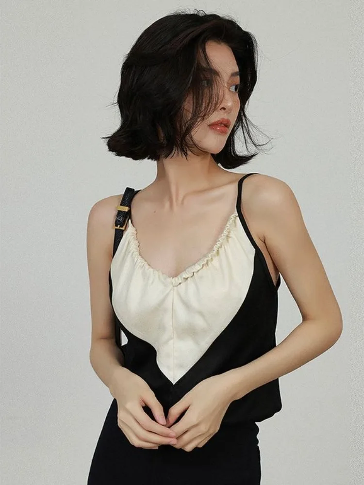 

ADAgirl Elegant Satin Crop Top Women Black White Contrast Patchwork Backless Camis Office Lady V-neck Casual Halter Tops Summer