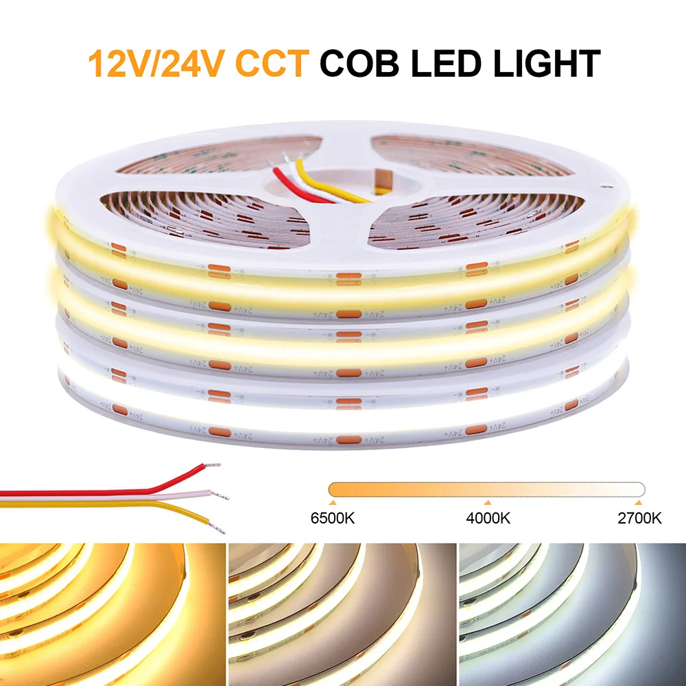 12V 24V COB CCT Led Strip Light Dimmable 608LEDs/m Elastyczna taśma LED Ciepła naturalna biel Dekoracja domu 0.5m 1m 2m 3m 4m 5m