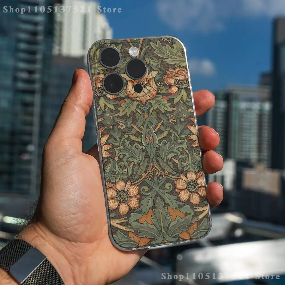 Coque de téléphone William Morris Strawberry Thief pour iPhone17,16,15,14,13,12,11 Pro,Max,Plus,X,XS,XR,SE4,E Mini couverture souple transparente