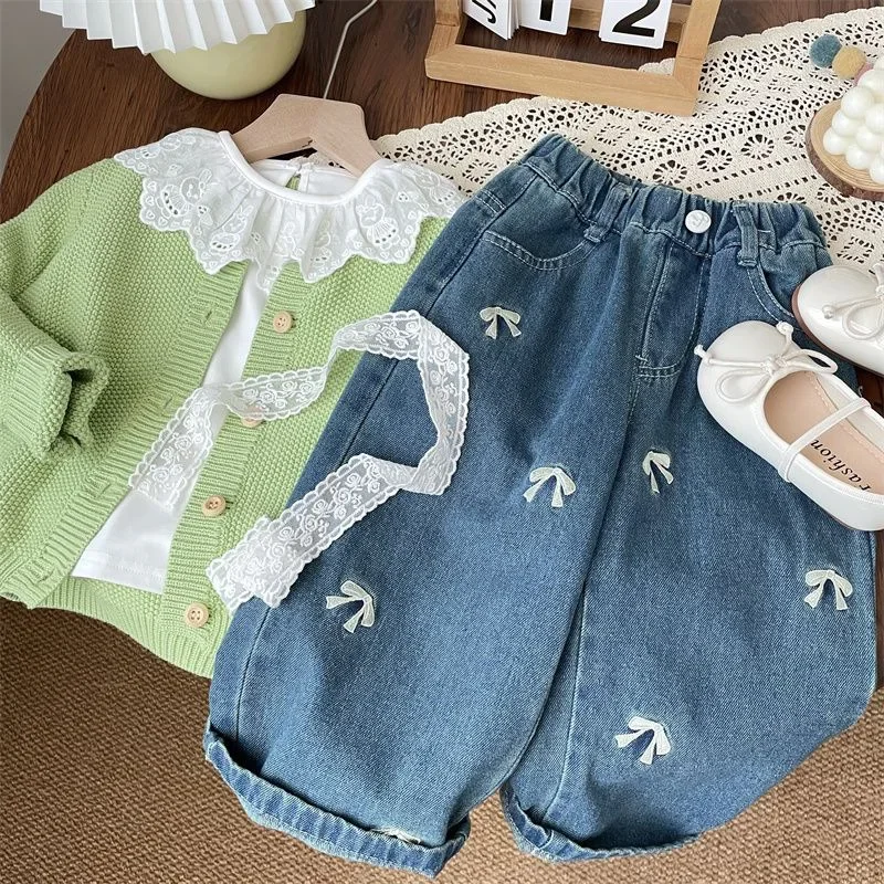 2025 Spring and Autumn Girls' Jeans Baby Children's Korean Three-dimensional Bow Wide Leg Pants