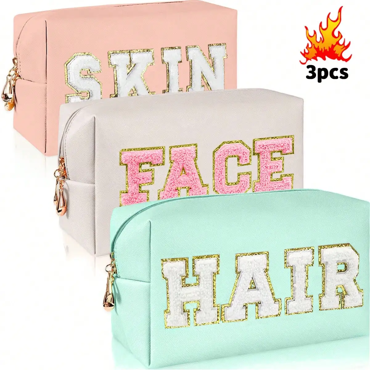 3Pcs Letter Embroidered PU Leather Makeup Bag Travel Toiletry Pouch Portable Cosmetic Organizer Storage Handbag For Women Girls