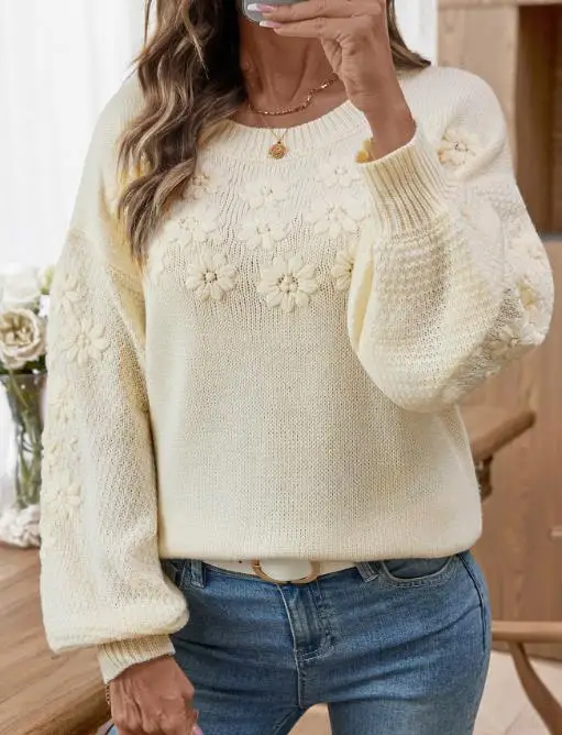 

Elegant Winter Women's Pullover Sweater with 3D Daisy Embroidery round Neck Loose Knitted Cute Fresh Style