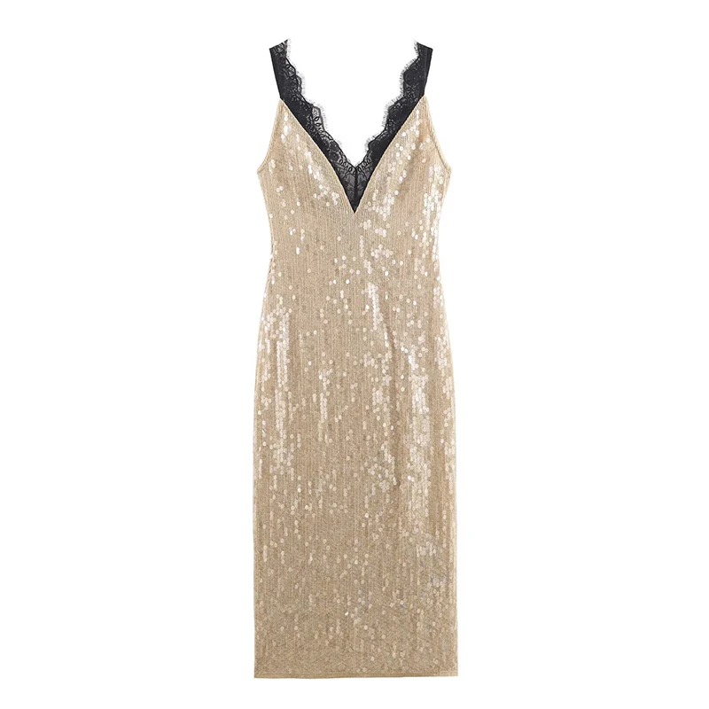 YENKYE Romantic Lace Trim Sequin Dresses For Women Backless V Neck Sleeveless Party Sexy Dress Female Vestidos
