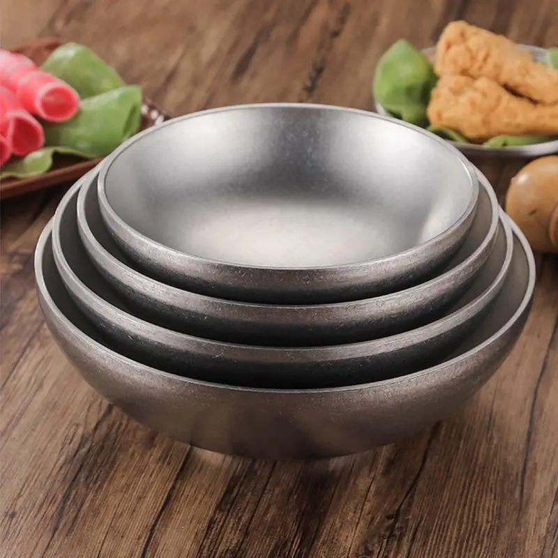 Vintage Nostalgic Stainless Steel Ramen Bowl Double Layer Dough Bowl Mixed Noodle Rice Soup Bowl Salad Bowl Cold Noodle Bowl