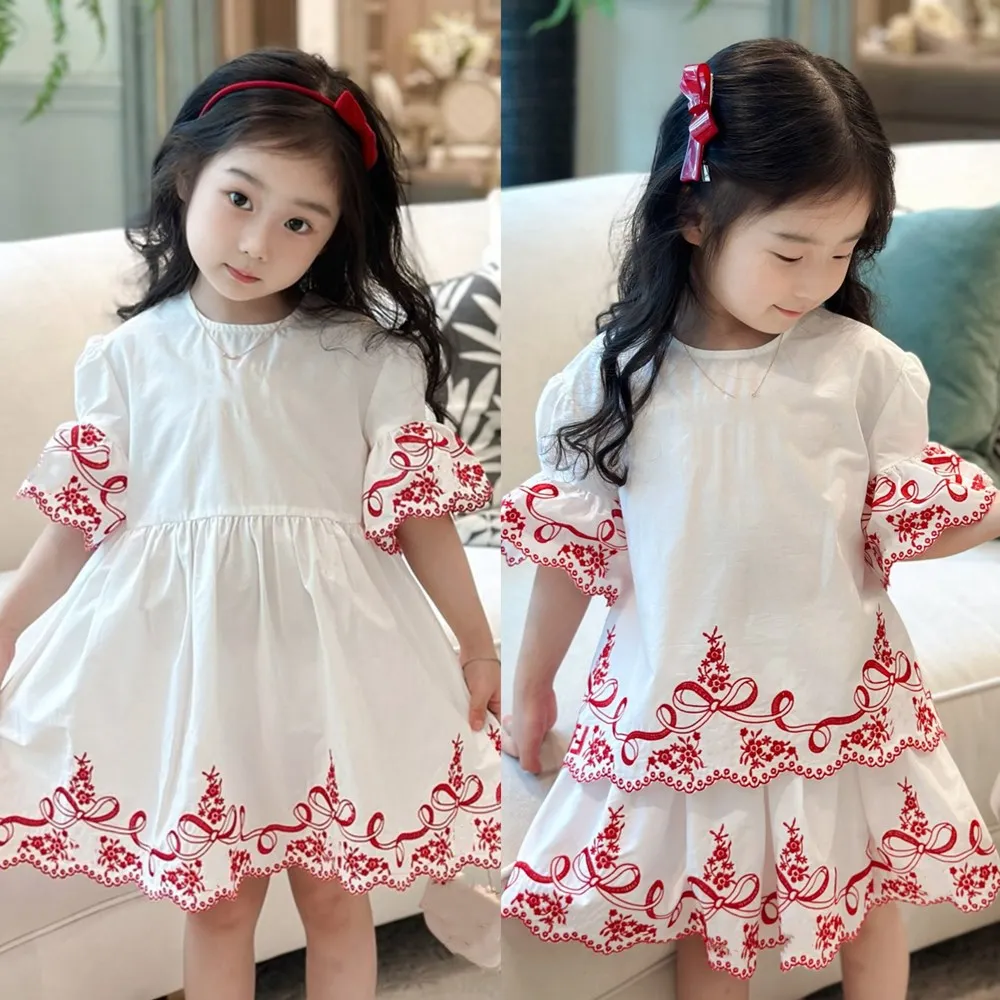 2025 spring summer kids girls clothes baby dress Red lace embroidered dress letter embroidery white red flared sleeve dress