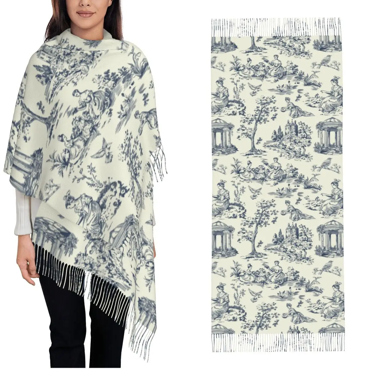 French Elegance Toile De Jouy Country Life Women's Scarf Pashmina Shawls and Wraps for Evening Dresses Cashmere Feel Scarves