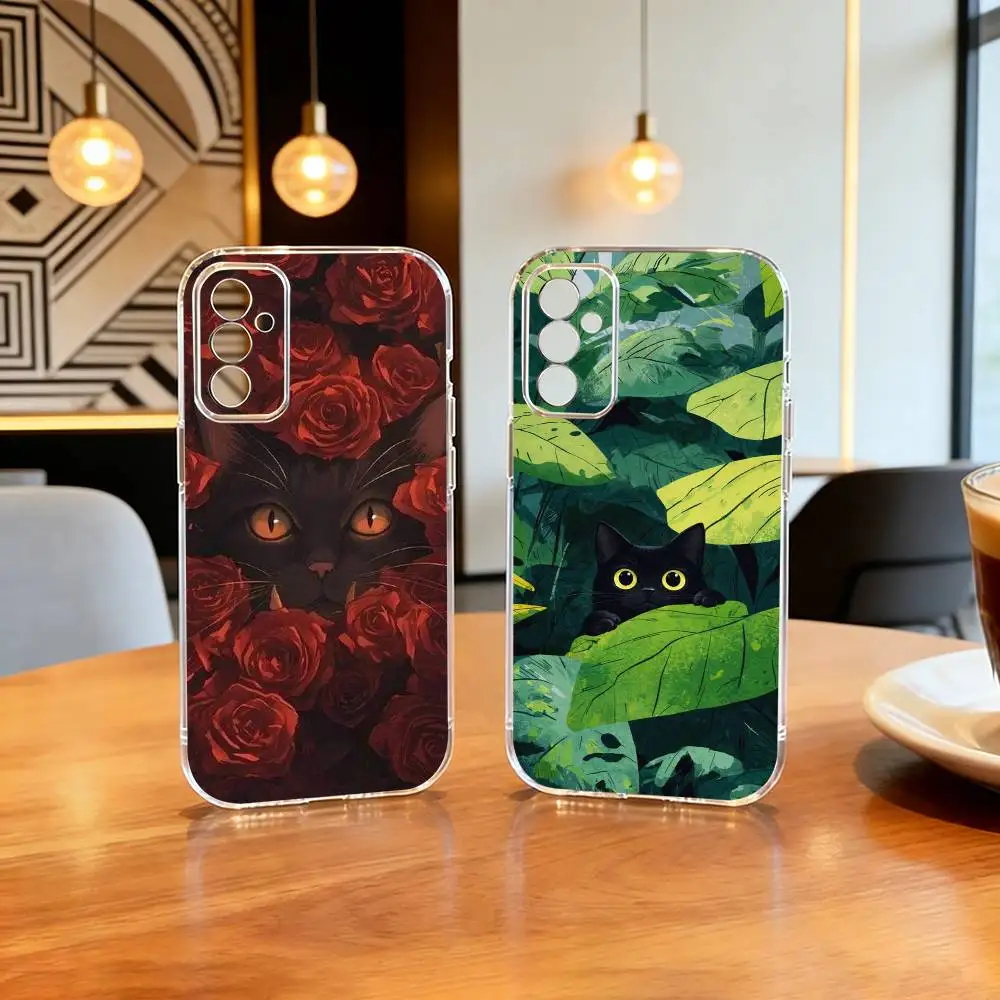 Capa de celular com desenho de gato preto, capa transparente para Samsung A10,12,20,21S,30,31,40,50,51,52,70,71