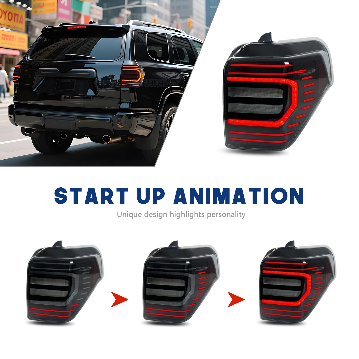 HCMOTIONZ أضواء خلفية لتويوتا 4 عداء 2010-2024 DRL بدء تشغيل الرسوم المتحركة LED مجموعة المصابيح الخلفية SR5 TRD على الطرق الوعرة Lmited