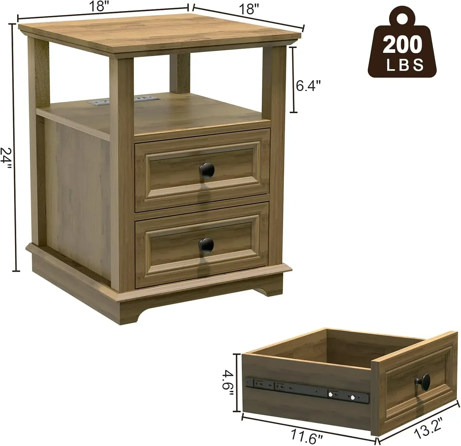 24” Tall Nightstand with Charging Station Set of 2,Fast Charge End Table Set of 2, Large 18” Bedside Table with Drawers, Natural