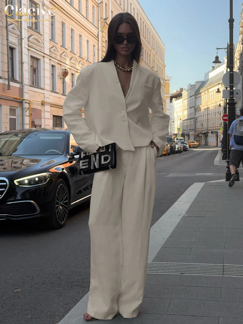 

Clacive Fashion Loose Khaki Linen 2 Piece Set Women Casual Long Sleeve Shirt With High Waist Wide Pants Set Female Streetwear