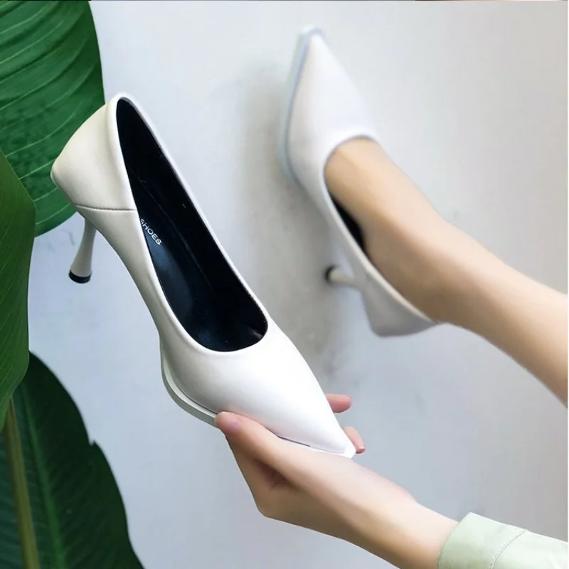 2024 NEW Women\'s Shoes LEATHER Woman High Heels Pointed Toe Women Pumps for Fashion Office Lady Slip on Sock Free White Black