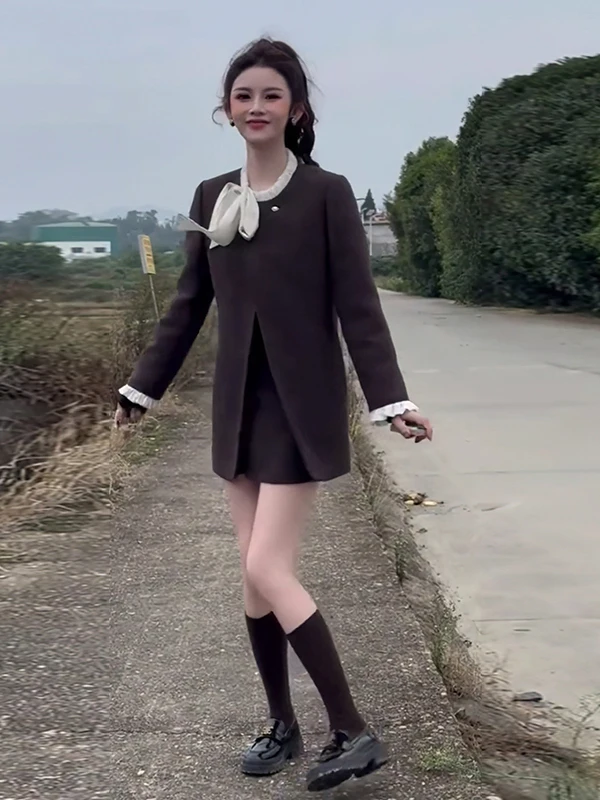 

Autumn Winter Set! Little Fraance Sle Woolen Coat with Ruffle Collar Open Cardigan Knot Belted Dr Skirt