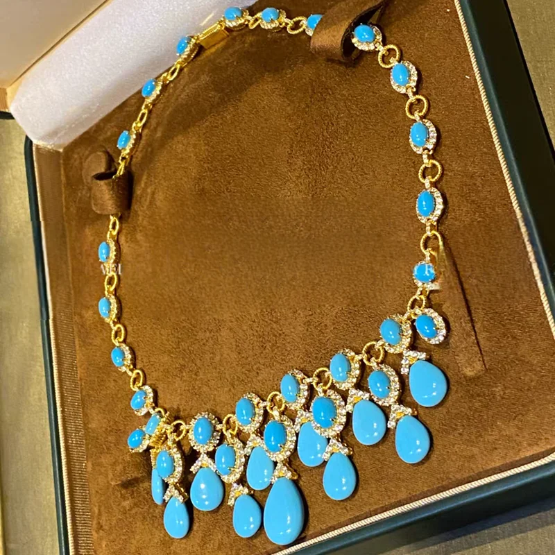 KQDANCE Luxury 925 Sterling Silver Synthetic Blue Turquoise Necklaces Gold Plated Designer Wedding Party Jewelry Gifts Women