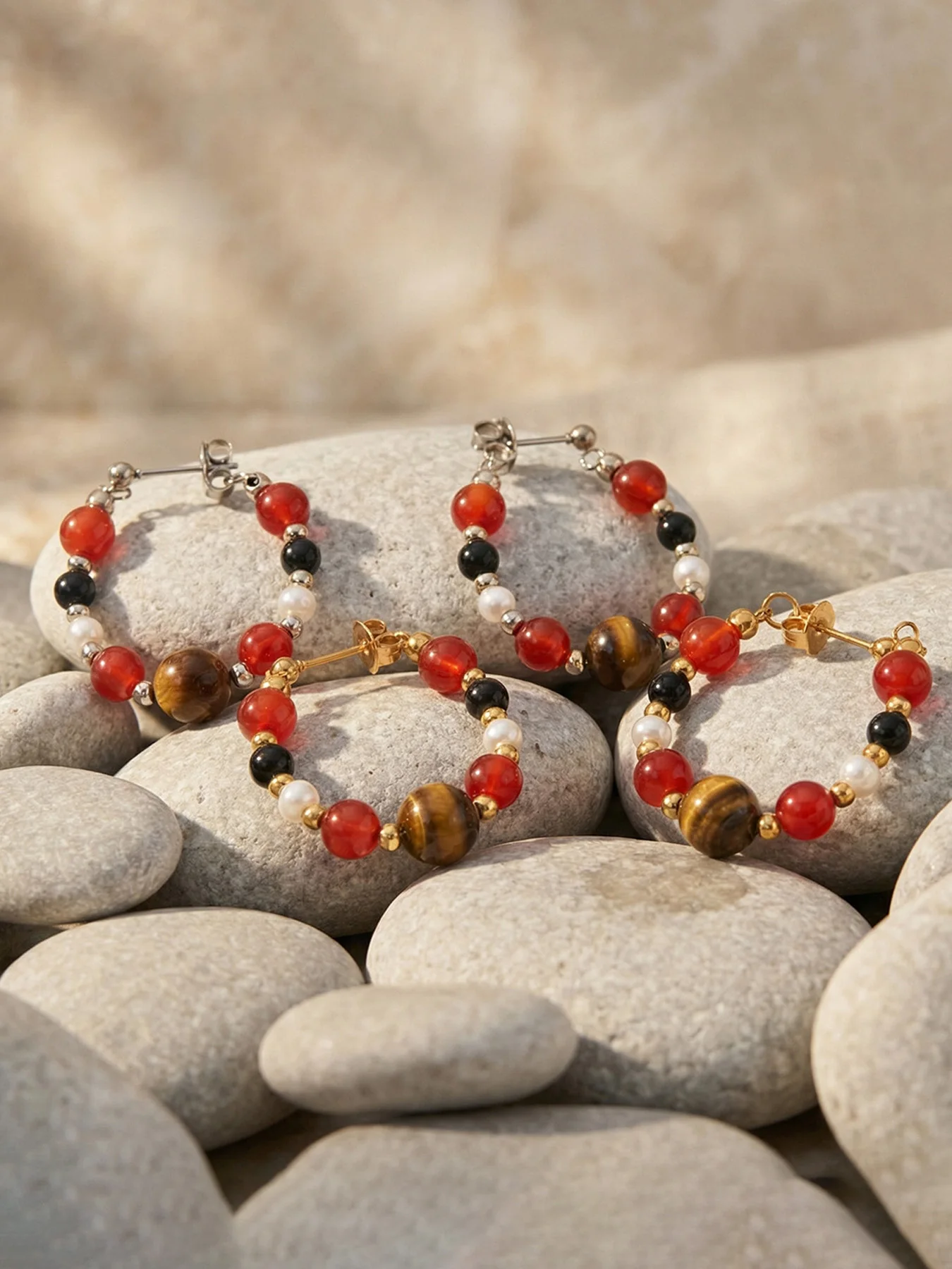 Riesenrad-Ohrringe mit Tigerauge-Stein und Imitationsperlen für Damen, Hypoallergene Edelstahl-Creolen, Schmuck – Detail 9