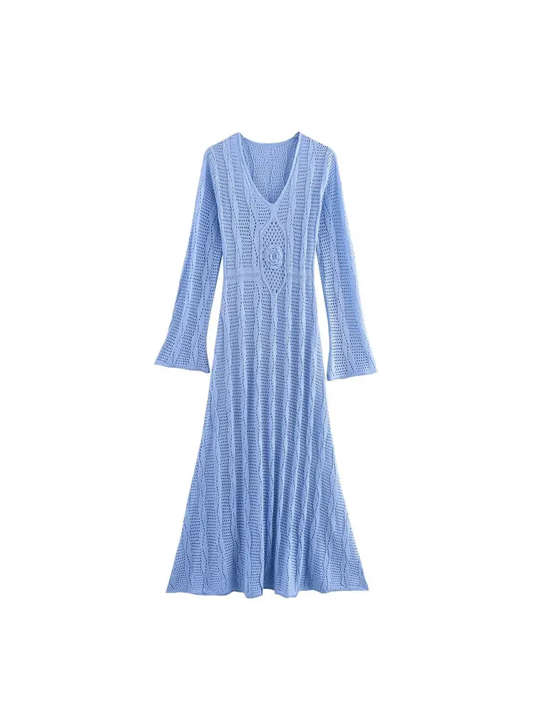 TRAF Elegant Knitted Beach Maxi Dress Women Blue V-neck Long Sleeves See Through Female Dresses Lady Holiday Flower Dress