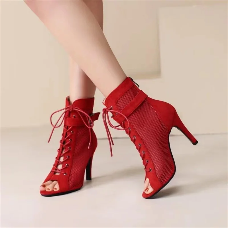 Women Boots Sandals Sexy Hollow Out Mesh Peep Toe Summer Sandals Sexy Cut-outs Gladiator Stiletto Lace-up High Heels Red Party