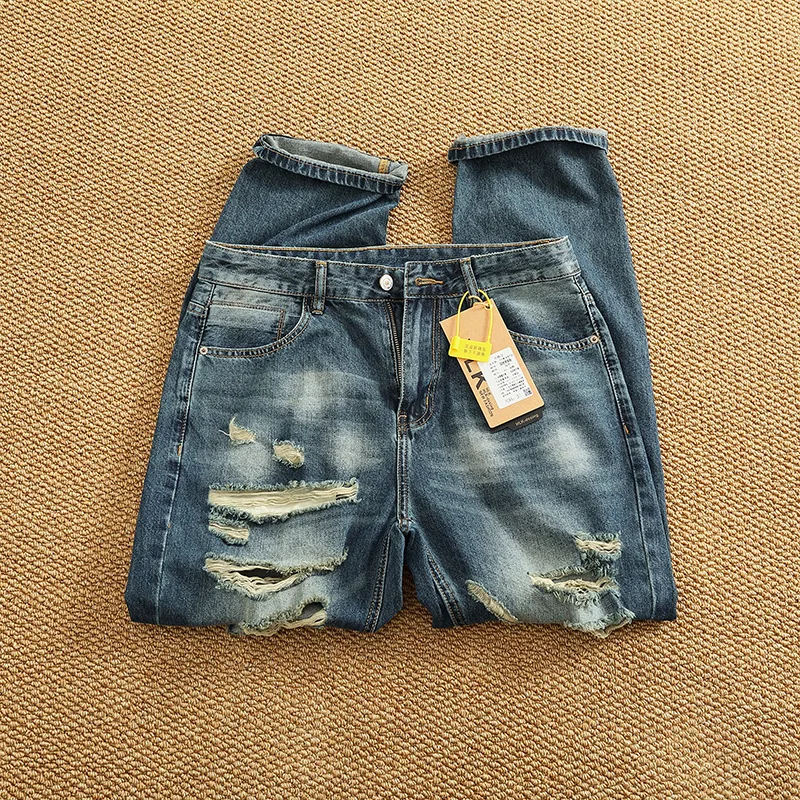 2026 Summer Stylish Ripped Washed Jeans Men Loose Harem Straight Tapered All-match Denim Pants