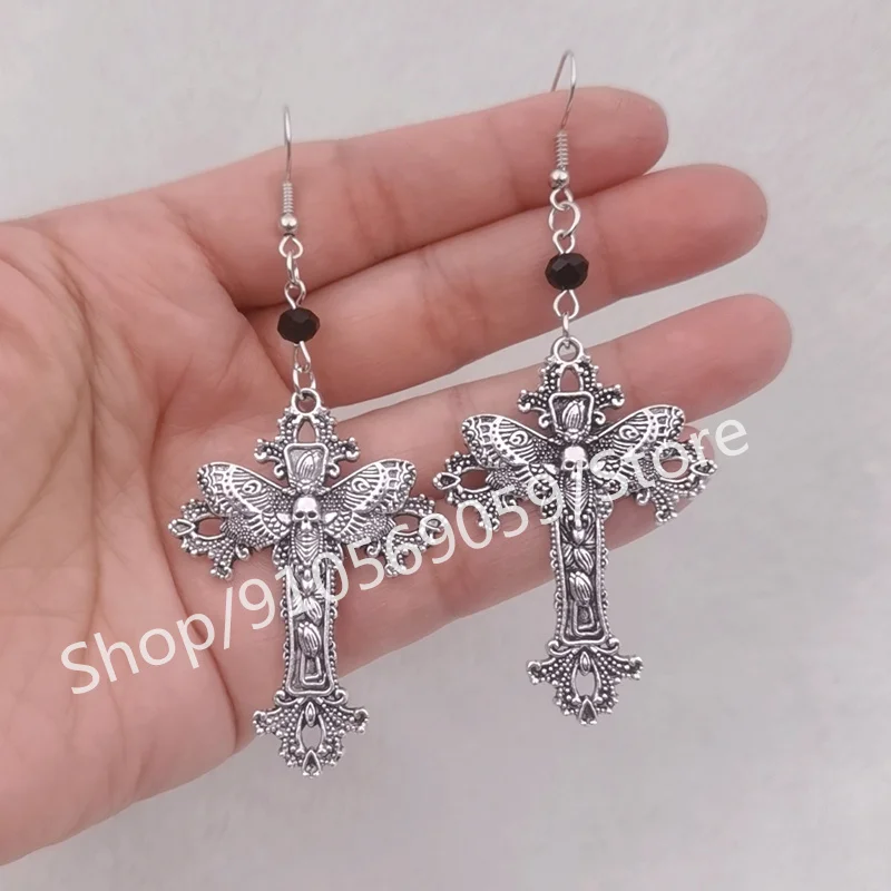 Dark Death Moth Earrings Cross Earrings Skull Moth Earrings Floss Victorian Classical Gothic Style Great Gift