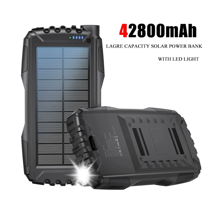 

42800 мАч Solar Power Bank 2 USB Внешнее зарядное устройство с быстрой зарядкой Powerbank со светодиодной подсветкой для iPhone 16 15 Samsung Xiaomi
