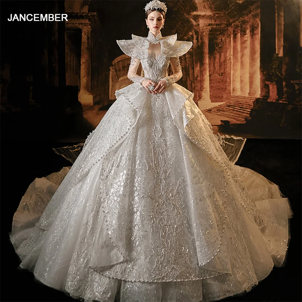 Jancember Luxury International Wedding Dresses For Women 2024 Bride High Neck Full Sleeves Watteau Train Embroidery LSMX012