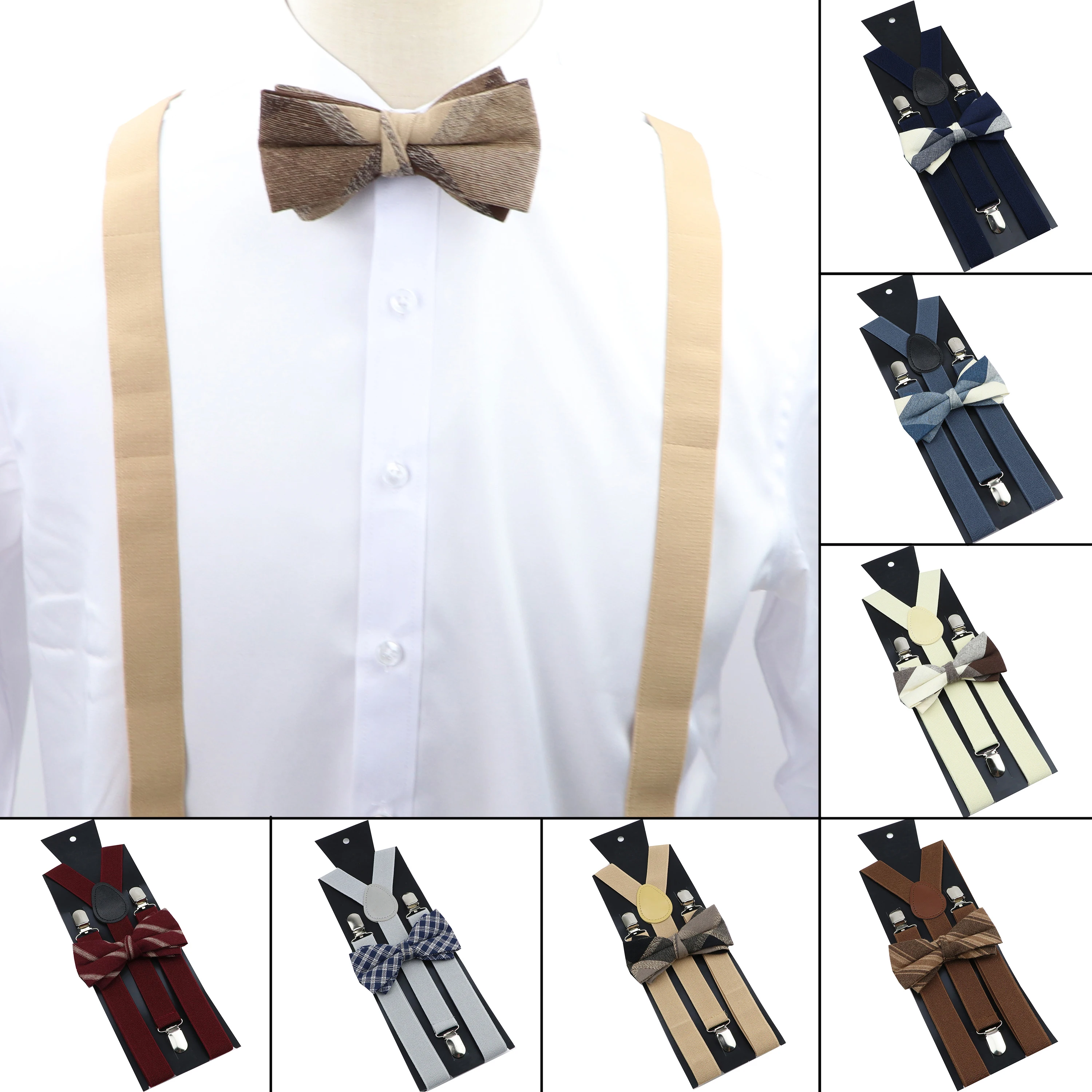 Conjunto suspensor bowtie xadrez para homens, suspensórios elásticos, alças borboleta preta e cinza, terno de casamento, acessórios de saia, presente, algodão marrom