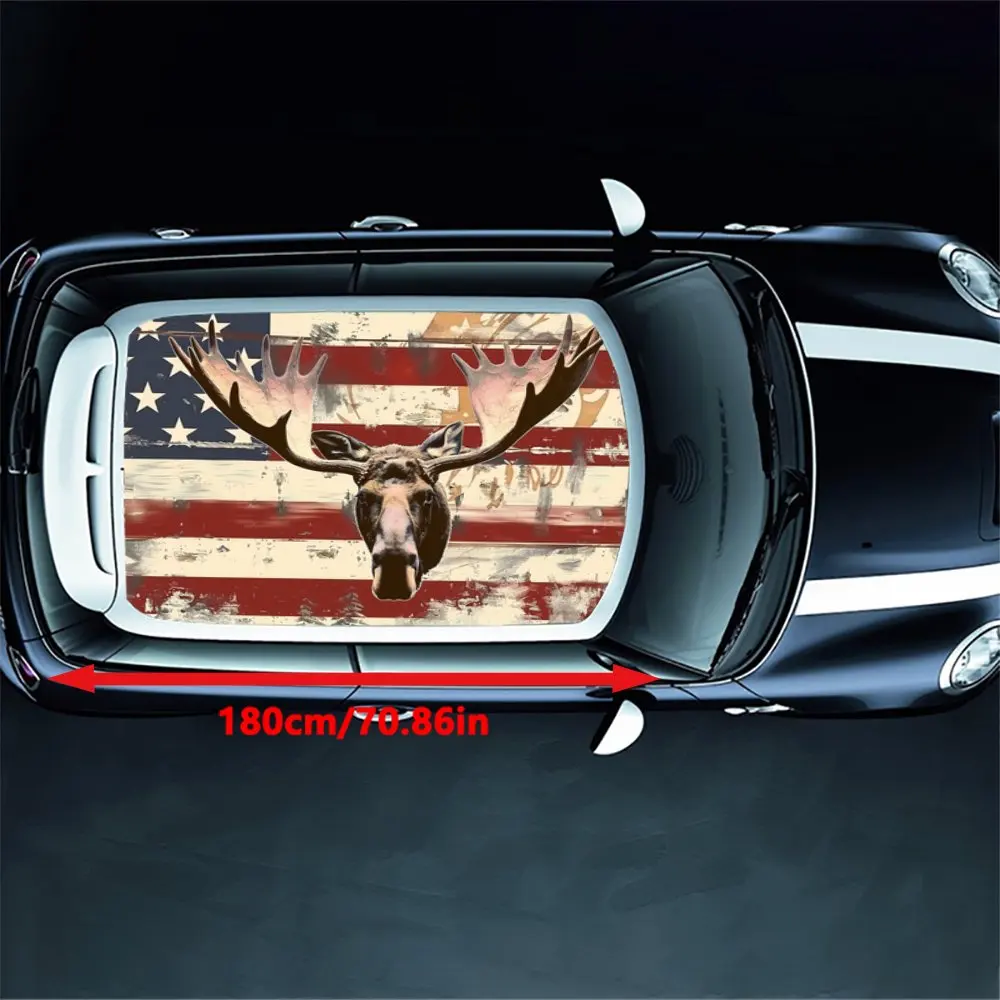 Cool Deer with USA Flag Car Roof Sticker Wrap Racing SUV Auto Accessories Packaging PVC Car Hood Graphic Decal Decoration Gift