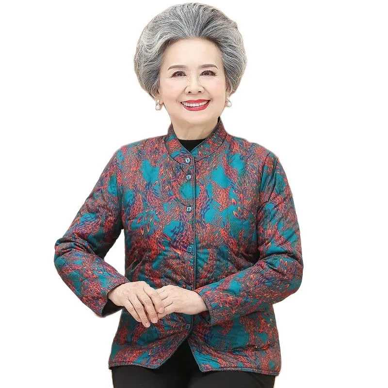 Middle Aged Elderly Female Winter Cotton Clothes Grandma Print Warm Jacket Winter Large Size Thick Cotton Padded Wadding Coat