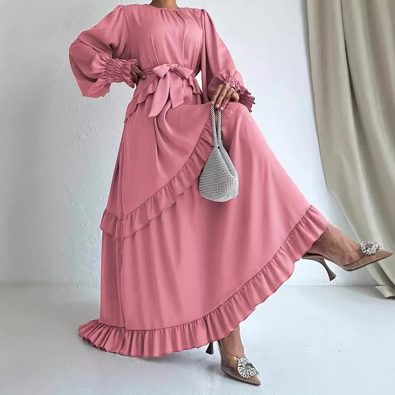 Fashion Women\'s O-neck Ruffle Party Dress 2024 Autumn Casual Lace Up Solid Color Party Dress Elegant Long Sleeved Loose Dresses