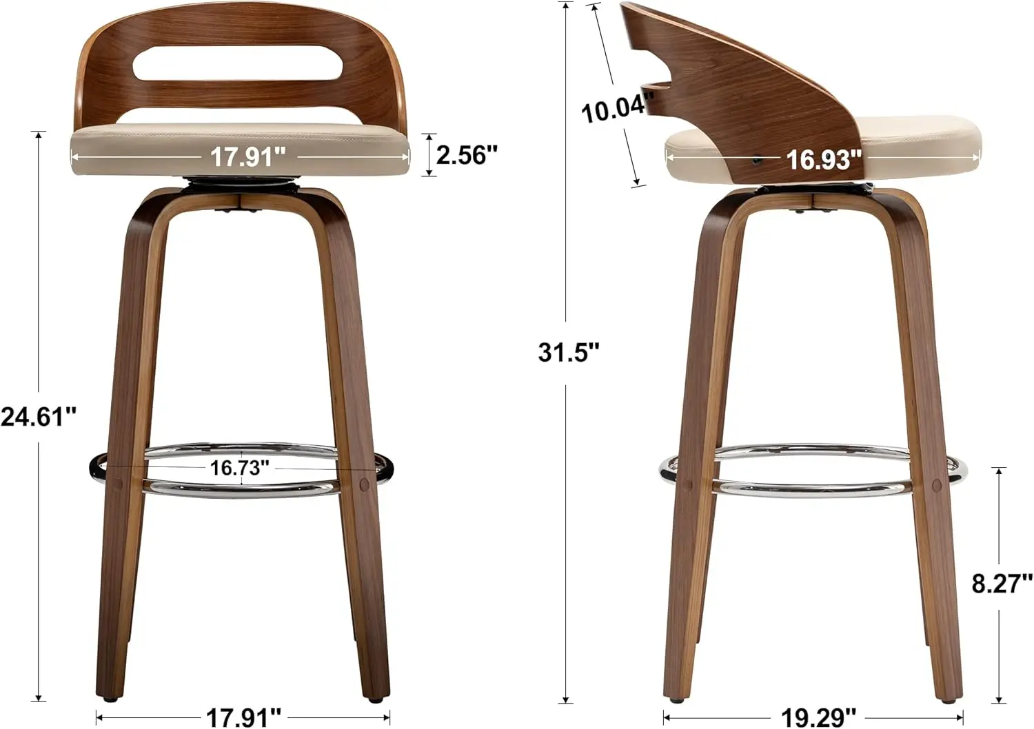 Taburetes de Bar giratorios con respaldo bajo, sillas de Bar de madera con asiento de cojín suave, altura de asiento de 24,6 pulgadas, Juego de 2