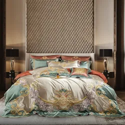 Satin Cotton Silky Luxury Royal Embroidery Silver Green Bed Duvet Cover Queen King 4/6/10Pcs Bedspread Bed Sheet Pillow Sshams