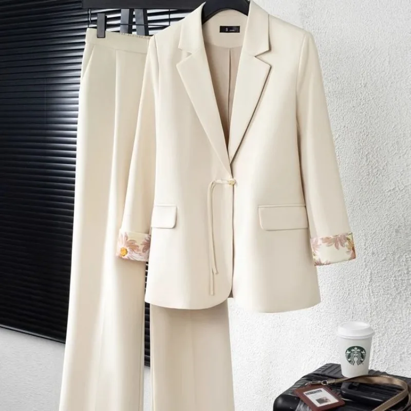 

New Chinese Style Suit for Women 2025New Solid Color High-end Feel Casual Chinese Style Suit Jacket Wide leg Pants Two-piece Set