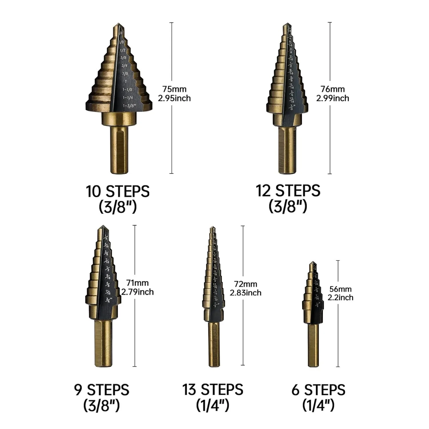 5pc British System Roasted Yellow Triangular Straight Groove Step Drill Blackened Pagoda Drill Hole Opener Aluminum Box Tool