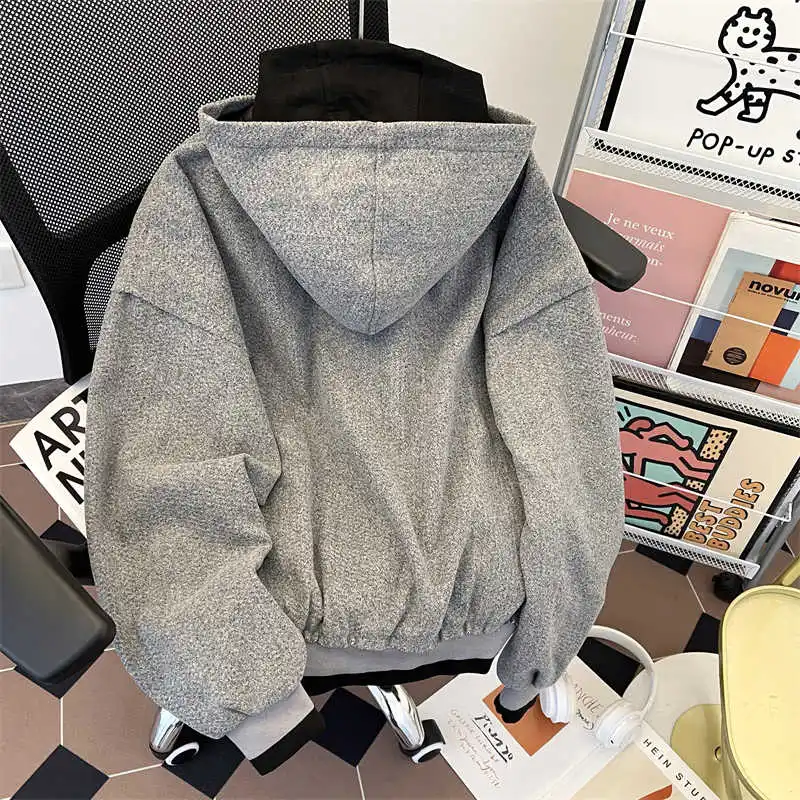 Frauen Grau Langarm Herbst Jacke Mäntel Vintage 2000er Jahre Harajuku Oversize Hoodie Rollkragen Patchwork Jacke Oberbekleidung Kleidung