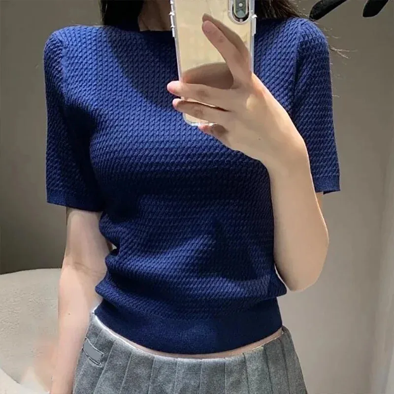 

Женский вязаный пуловер с Т-образным вырезом и короткими рукавами, свитер из 100% чистой шерсти, весенне-летний новый однотонный трендовый топ 2572406