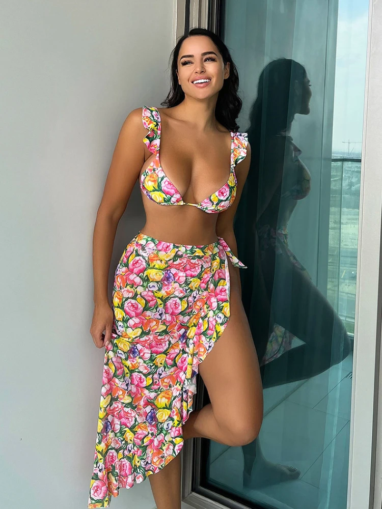 

Summer Mejer Printred Bikini Set Women Three Piece Floral Swimwear With Cover Up Beach Style Bandage Backless Sexy Bathing Suit